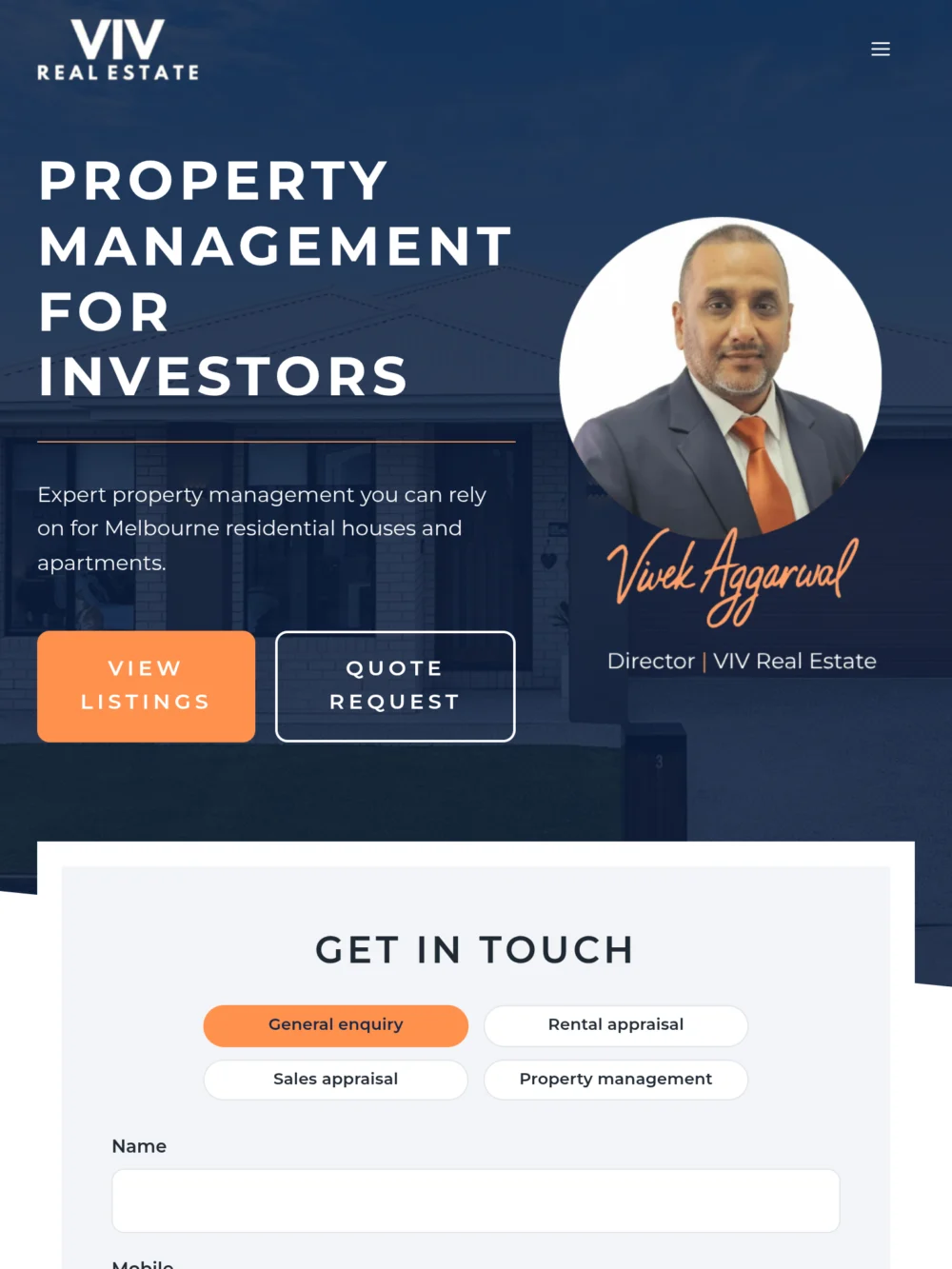 VIV Real Estate website on tablet