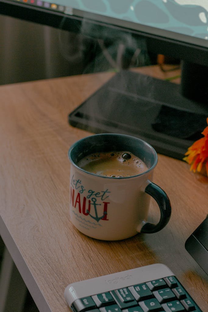 A steaming cup of coffee on a wooden desk next to a keyboard in an office setting.